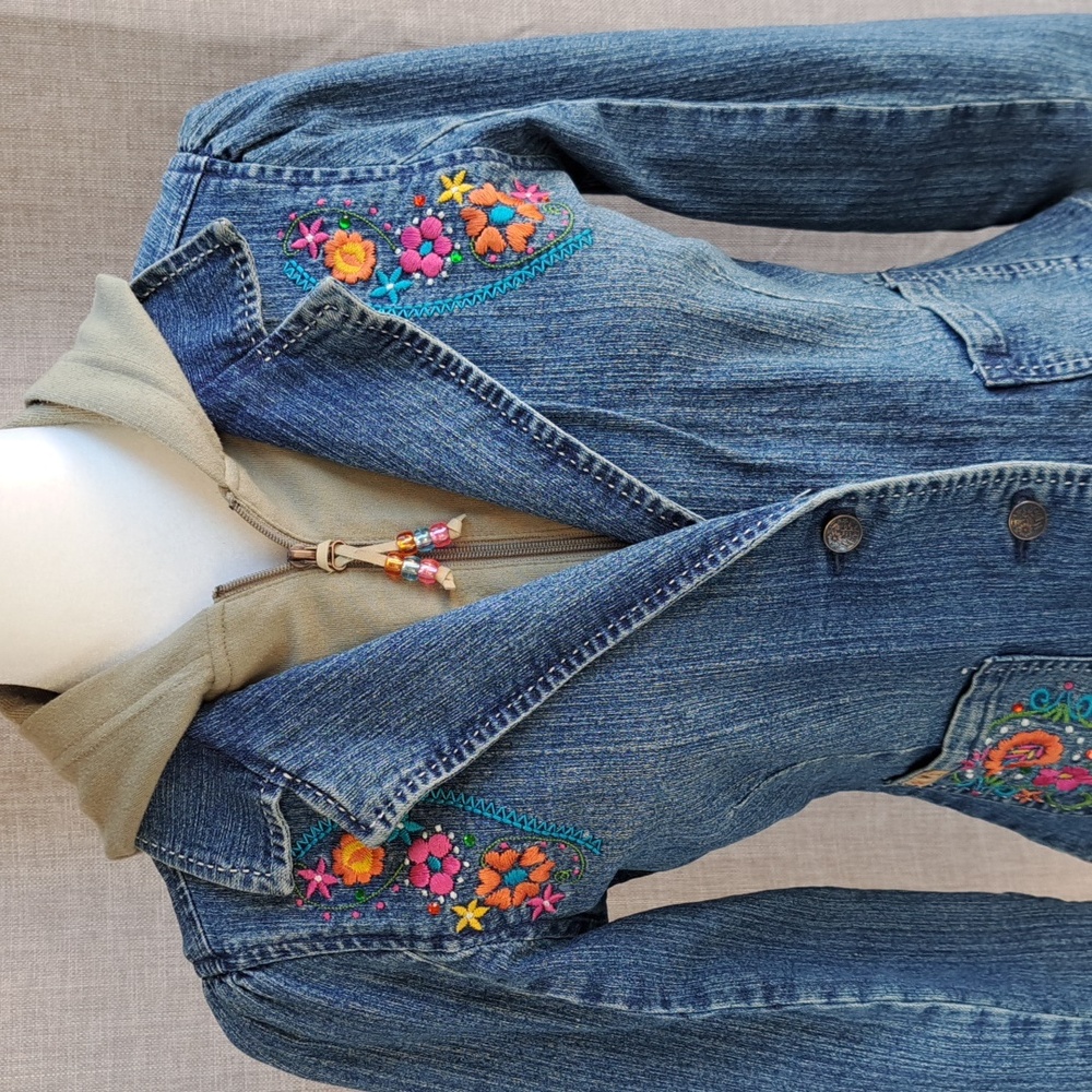 Vintage Y2k 2000s Stuff by Hilary Duff Large Denim Jacket Hood Combo Embroidery - Picture 3 of 17